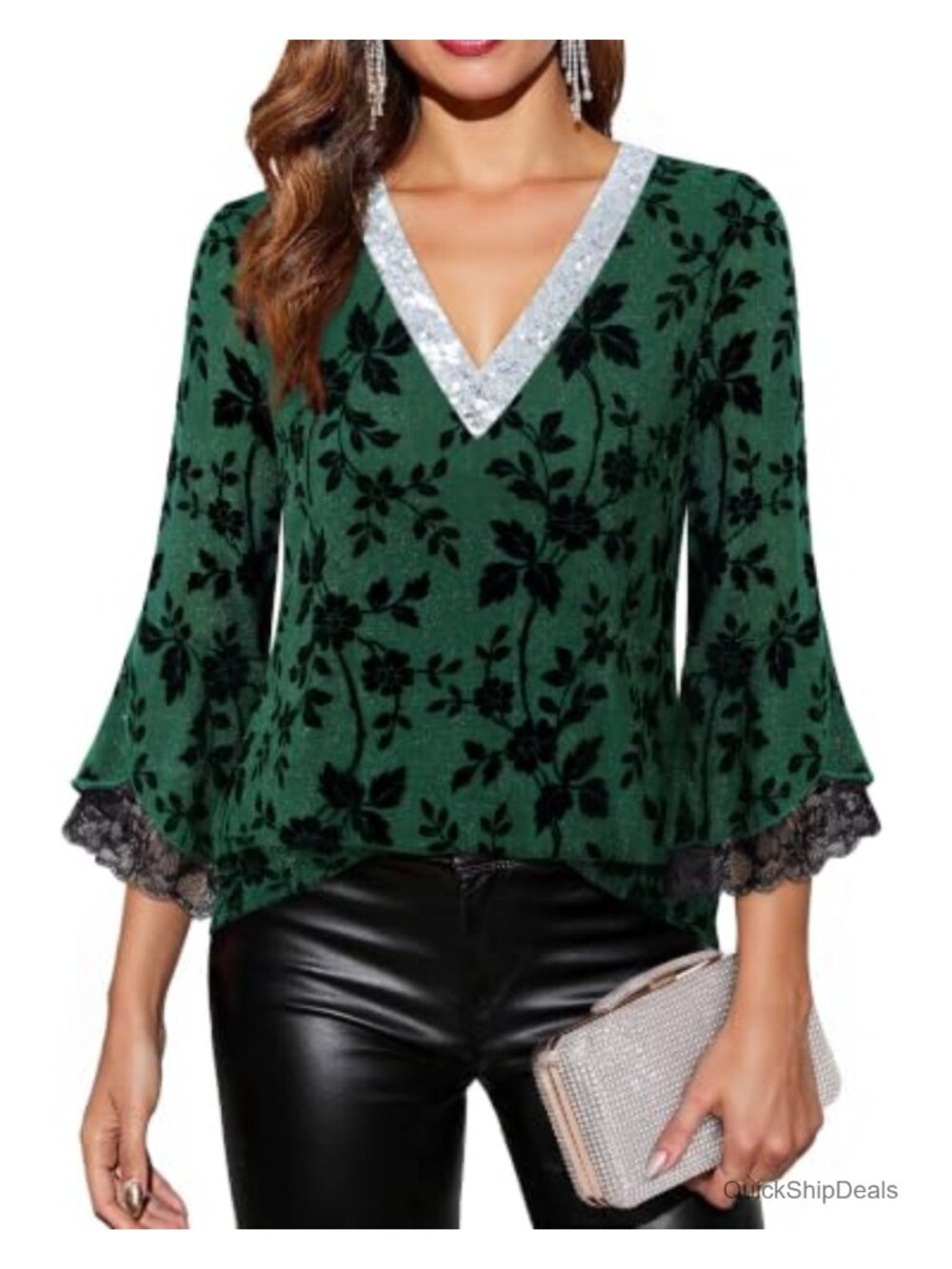 Sequin V Neck Lace Petal Sleeve Blouse 3/4 Sleeve Sparkly Top